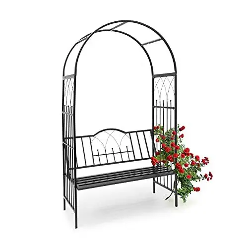 Produktbild: Relaxdays Rosenbogen mit Bank HBT 203 x 114,5 x 59 cm Rankgitter aus pulverbeschichtetem Eisen mit Sitzbank für 2 Personen und schöner Verzierung Rankhilfe für Rosen & Kletterpflanzen, schwarz,10020032