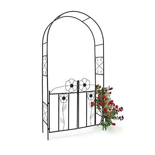 Produktbild: Relaxdays Rosenbogen mit Tor HBT 228 x 116 x 36,5 cm Torbogen aus pulverbeschichtetem Eisen mit schöner Verzierung und Tür-Flügeln Rankgitter und Rankhilfe für Rosen & Kletterpflanzen, schwarz