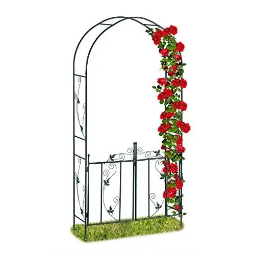Produktbild: Relaxdays Rosenbogen mit Tür, Garten Rankhilfe Kletterpflanzen, Torbogen Metall, wetterfest, 230 x 113,5 x 36,5 cm, grün, Dunkelgrün