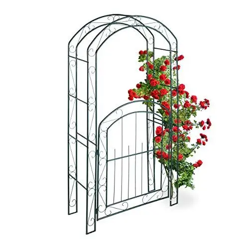 Produktbild: Relaxdays Rosenbogen mit Tür, Garten Rankhilfe Kletterpflanzen, Torbogen Metall, wetterfest, HBT 215 x 115 x 43 cm, grün