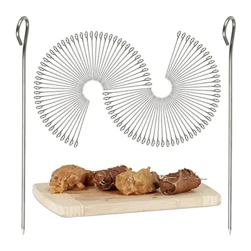 Produktbild: Relaxdays Rouladennadeln Edelstahl, Spicknadel Set 50 Stk, Fleischnadel 11 cm, silber