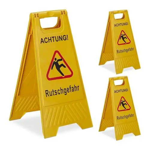 Produktbild: Relaxdays Rutschgefahr Aufsteller, 3er Set, klappbar, beidseitig beschriftet, Kunststoff, Warnschild vor Glätte, gelb