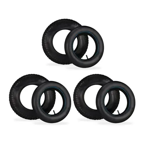 Produktbild: Relaxdays Sackkarrenreifen mit Schlauch, 3er Set, Ersatzreifen 3.50-8 für Sackkarre, Stollenprofil, bis 154 kg, schwarz