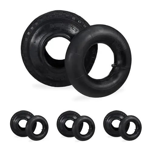 Produktbild: Relaxdays Sackkarrenreifen mit Schlauch 4er Set, Ersatzreifen 3.00-4 für Sackkarre, Stollenprofil, bis 136 kg, schwarz