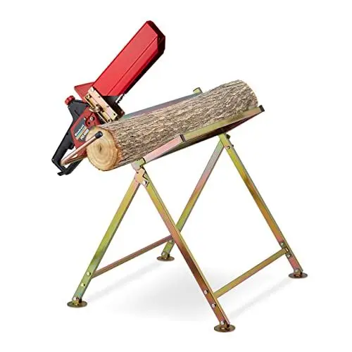 Produktbild: Relaxdays Sägebock mit Kettensägenhalterung, Kettenschutz, Messstab, bis 120 kg, klappbares Sägegestell, Metall, Gold, 1 Stück