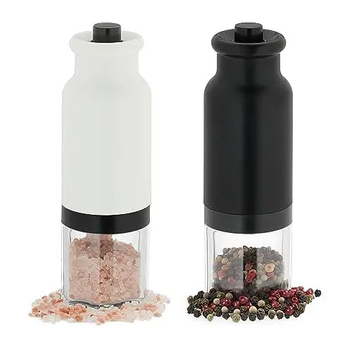 Produktbild: Relaxdays Salz und Pfeffermühle 2er Set, Kunststoff, Keramikmahlwerk, elektrische Chilimühlen, für Gewürze, weiß/schwarz