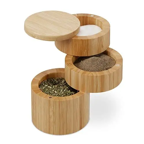 Produktbild: Relaxdays Salzbehälter mit Deckel, 3 Fächer, Bambus, drehbarer Gewürzbehälter, HxD: 13 x 9 cm, Magnetverschluss, Natur