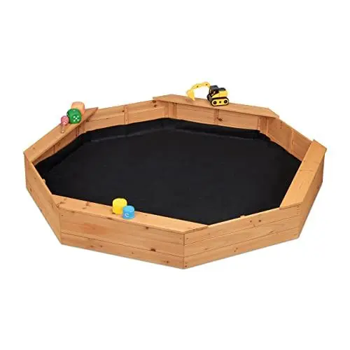 Produktbild: Relaxdays Sandkasten, 8-eckig, 4 Sitzbänke, mit Sandkastenvlies, HBT 22,5 x 160 x 160 cm, Sandkiste, Tannenholz, Natur
