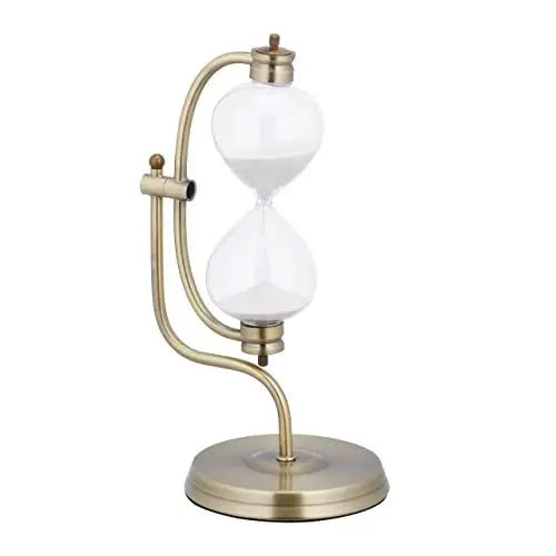Produktbild: Relaxdays Sanduhr antik, 15 Minuten, Wohnzimmer, Büro, drehbar, Deko Stundenglas HBT: 34x19x15 cm, Metall, Messing/weiß