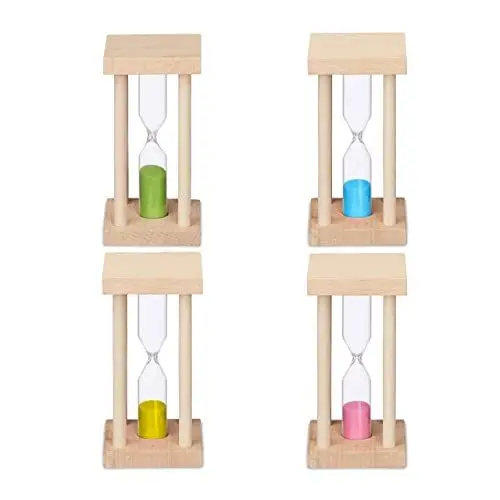 Produktbild: Relaxdays Sanduhren 4er Set, Kurzzeituhr, 4 Laufzeiten, HBT: 9x4,5x4,5 cm, Kinder Zahnputztimer, Eieruhr, eckig, bunt