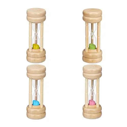 Produktbild: Relaxdays Sanduhren Set, 4-teilig, Kurzzeituhr, 4 Laufzeiten, HxD: 10 x 4 cm, Kinder Zahnputztimer, Eieruhr Sand, bunt