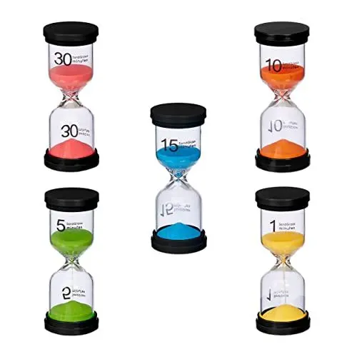 Produktbild: Relaxdays Sanduhren Set, 5-TLG, Kurzzeituhr, 5 Laufzeiten, HxD: 11 x 4,5 cm, Kinder Zahnputztimer, Eieruhr Sand, bunt
