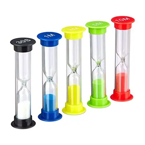 Produktbild: Relaxdays Sanduhren Set, 5-teilig, 30 s 1 min 3 min 5 min 10 min, bruchsicher, Zähneputzen, 5x Sanduhr für Kinder, bunt