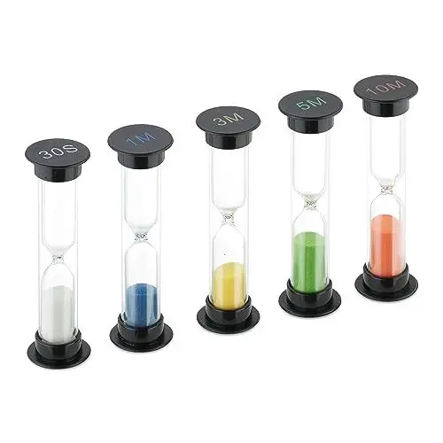 Produktbild: Relaxdays Sanduhren Set, 5-teilig, Kurzzeituhr, 30 Sek, 1/3/ 5/10 Min, H x D: 9 x 2,5 cm, Eieruhr Sand, Kinder, bunt, Kunststoff