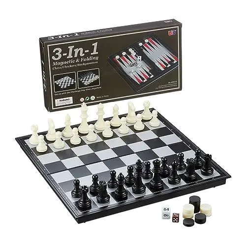 Produktbild: Relaxdays Schachspiel, 3-in-1 Reisespiel für Schach, Dame & Backgammon, magnetisch, BT: 32x32 cm, klappbar, schwarz/weiß