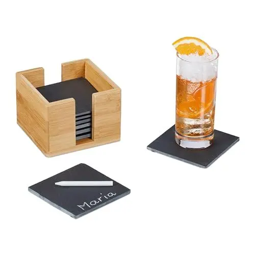 Produktbild: Relaxdays Schiefer 8er Set, mit Bambus Box, Getränkeuntersetzer, 10x10 cm, Untersetzer für Gläser, anthrazit