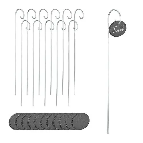 Produktbild: Relaxdays Schiefer Pflanzenschilder, 12er Set, zum Beschriften, wetterfest, Metallstab, Schiefertafel, anthrazit/Silber