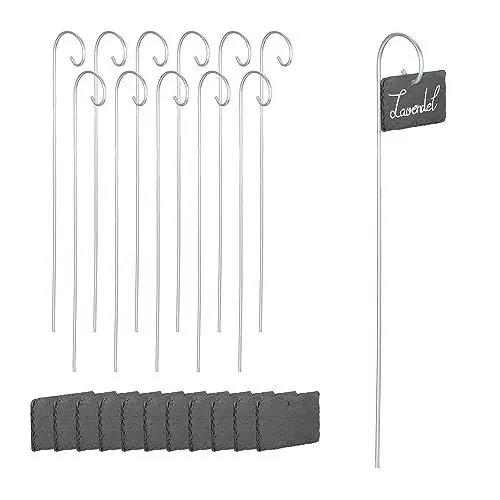 Produktbild: Relaxdays Schiefer Pflanzenschilder, 12er Set, zum Beschriften, wetterfest, Metallstab, Schiefertafel, anthrazit/Silber