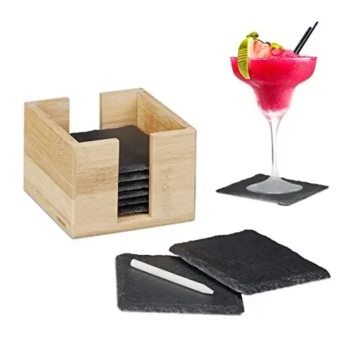 Produktbild: Relaxdays Schiefer Untersetzer im 8er Set, Glasuntersetzer mit Bambusbox, Kreide zum Beschriften, eckig, 10x10 cm, natur, Anthrazit, Hellbraun