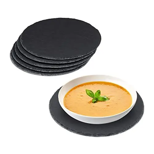 Produktbild: Relaxdays Schieferplatte 6er Set rund, 25cm Ø, Pizzateller zum Servieren & Beschriften, Buffet, Servierplatte, anthrazit