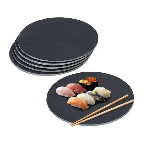 Produktbild: Relaxdays Schieferplatte 6er Set, runde Servierplatte, Durchmesser 25 cm, Servieren von Käse, Sushi, Desserts, schwarz