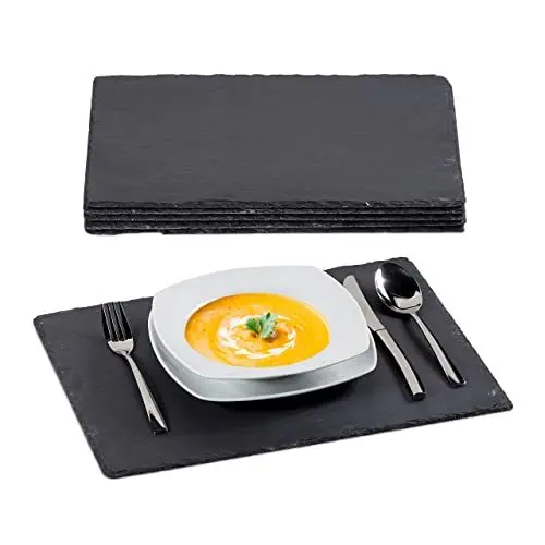 Produktbild: Relaxdays Schieferplatte im 6er Set, große Servierplatten aus Schiefer, zum Servieren & Beschriften, 30x40 cm, anthrazit