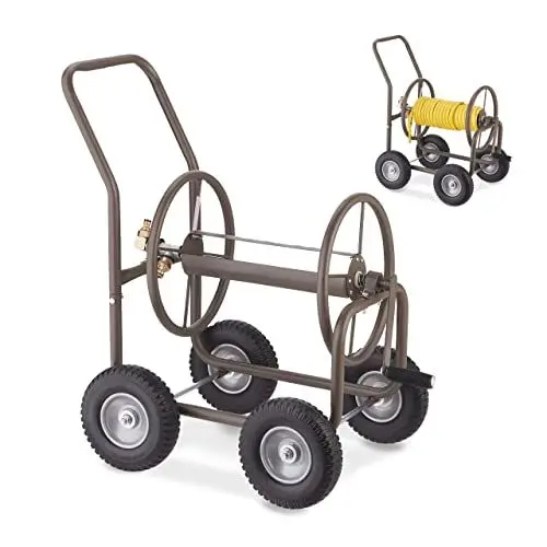 Produktbild: Relaxdays Schlauchwagen, bis 60 m, 4 Vollgummireifen, Klickkupplung, Schlauchtrommel Metall, Schlauchabroller, braun