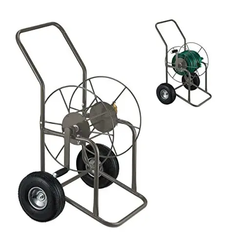 Produktbild: Relaxdays Schlauchwagen, bis 80 m, 2 Lufträder, Klickkupplung, Schlauchtrommel Metall, Schlauchabroller Garten, braun