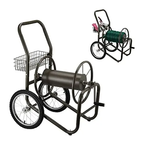 Produktbild: Relaxdays Schlauchwagen, bis 90 m Schlauch, Klickkupplung, 2 Lufträder, Korb für Zubehör, Schlauchtrommel Metall, braun