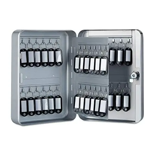 Produktbild: Relaxdays Schlüsselkasten Metall, abschließbar, 48 Haken, Schlüsselschrank inkl. Schlüsselanhänger, 25x18x7,5cm, grau 1 Stück