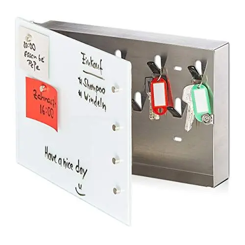 Produktbild: Relaxdays Schlüsselkasten mit Glasmagnettafel, 20 x 30 cm, 7 Haken, 6 Magnete, beschriftbar, Schlüsselbrett, weiß-silber