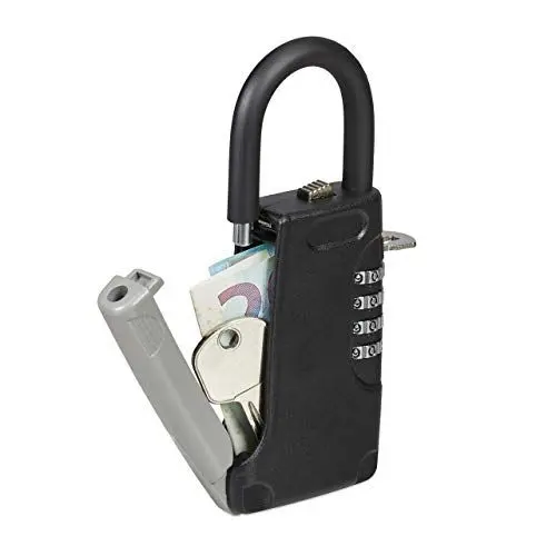 Produktbild: Relaxdays Schlüsseltresor mit Bügel, 4-stelliger Zahlencode, außen, Schlüsselsafe klein, HxBxT: 14,5 x 6 x 2 cm, schwarz, 1 stück, 10028713