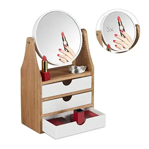 Produktbild: Relaxdays Schminkaufsatz, 3 Schubladen, für Frisier-& Schminktisch, Vergrößerungsspiegel, HBT 34x19x10,5 cm, natur/weiß, 1 Stück