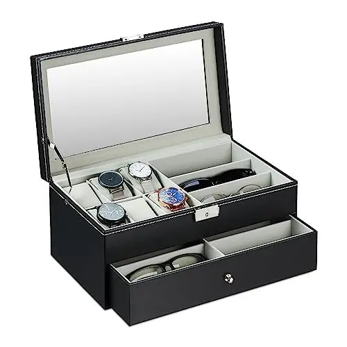 Produktbild: Relaxdays Schmuckaufbewahrung, großes Schmuckkästchen mit Schublade, für Brillen & Uhren, HBT: 15,5x33,5x19 cm, schwarz