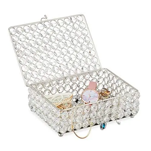 Produktbild: Relaxdays Schmuckdose, glamouröses Kristalldesign, verspiegelter Boden, Schmuckkästchen, HxBxT 7 x 19 x 14,5cm, silber