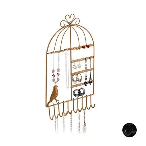 Produktbild: Relaxdays Schmuckhalter Wand, für Ketten, Ohrringe & Armbänder, Schmuckleiste Vogelkäfig, HBT 44,5 x 25,5 x 4,5 cm, gold, 1 Stück