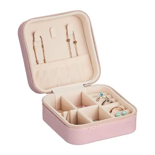 Produktbild: Relaxdays Schmuckkästchen, kleine Schmuckaufbewahrung, Ringe & Ketten, Reise Schmucketui, HxBxT: 5 x 10 x 10 cm, rosa