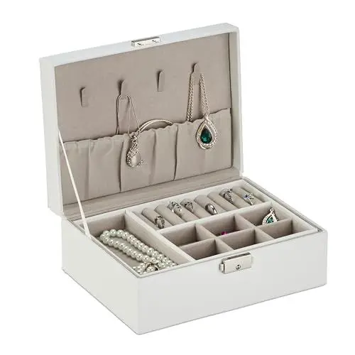 Produktbild: Relaxdays Schmuckkasten, Schmuckaufbewahrung mit Ringhalter, HxBxT: 9,5 x 23 x 17,5 cm, herausnehmbarer Einsatz, weiß