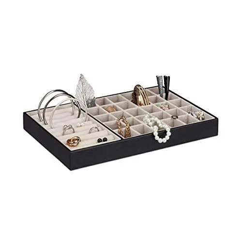 Produktbild: Relaxdays, Schmuckkasten inklusive Ringbox, Schmucklade flach, 30 Fächer, Samt, schwarz Schmucktablett für Damen, Kunstleder, 20 x 30 x 3 cm