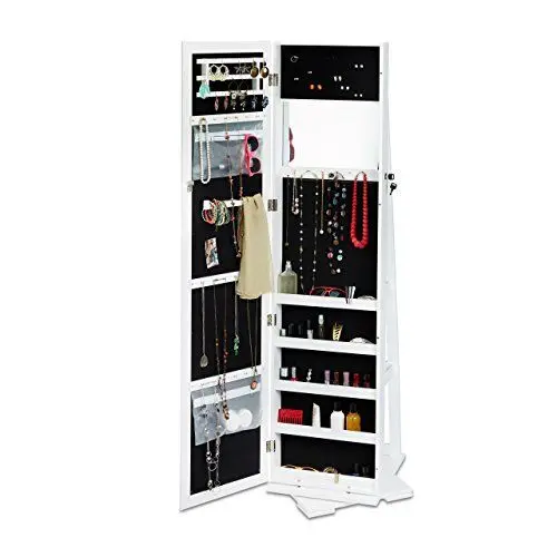 Produktbild: Relaxdays Schmuckschrank weiß mit Spiegel, XXL-Schmuckkasten abschließbar, Spiegelschrank zum Drehen HBT: 161x39,5x40cm