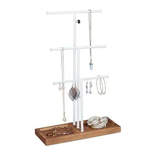 Produktbild: Relaxdays Schmuckständer, 3 Stangen, t-förmig, Ketten, für Ohrringe & Armbänder, mit Ablage, Holz & Metall, weiß/braun