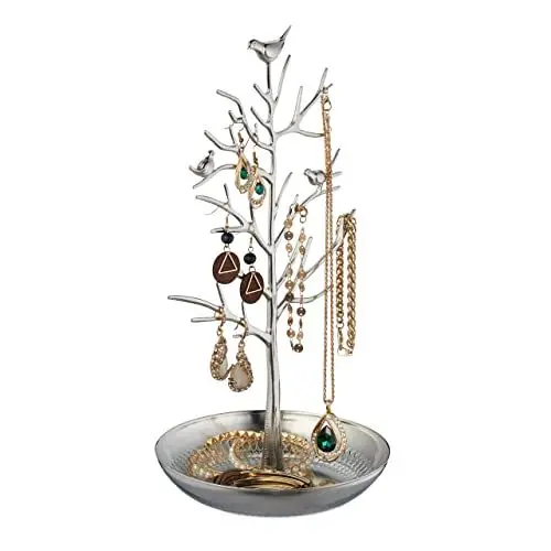 Produktbild: Relaxdays Schmuckständer Baum, Schmuckaufbewahrung Ketten, Ohrringe & Armbänder, HxBxT 30x16x15 cm, Schmuckbaum, silber
