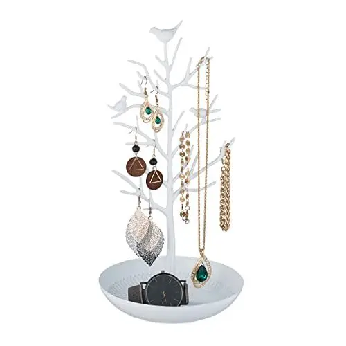Produktbild: Relaxdays Schmuckständer Baum, Schmuckaufbewahrung Ketten, Ohrringe & Armbänder, HxBxT 30x16x15 cm, Schmuckbaum, weiß