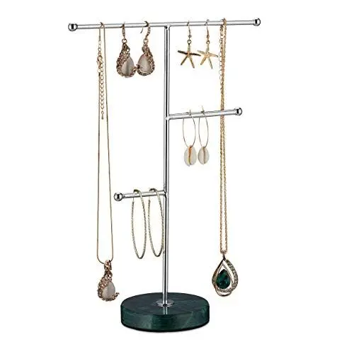 Produktbild: Relaxdays Schmuckständer, Fuß aus Marmor, Schmuck Aufbewahrung für Ketten, Ohrringe & Armbänder, 3 Stangen, grün/Silber