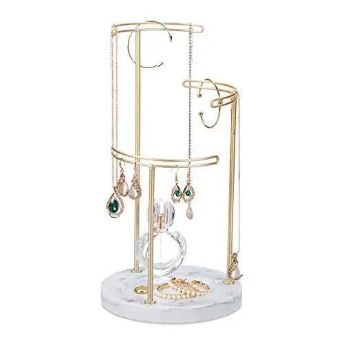 Produktbild: Relaxdays Schmuckständer, Marmor Ablage, Schmuckhalter Ketten, Ohrringe, Armbänder, 3 Metall Stangen, HxD 35x18 cm, gold