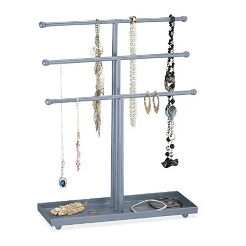 Produktbild: Relaxdays Schmuckständer, T-förmig, 3 Ebenen, für Ketten, Armbänder & Ohrringe, mit Ablage, Kettenhalter Metall, Silber, 40 x 31 x 11 cm