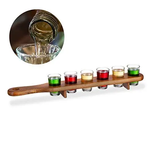 Produktbild: Relaxdays Schnapsbrett Holz, 6 Schnapsgläser, 4 cl, praktische Schnapslatte, halber Meter, tolle Geschenkidee, Shotbrett, braun, 1 Stück, 7-teiliges Set