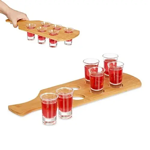 Produktbild: Relaxdays Schnapsbrett, mit 6 Gläsern, 4 cl, Schnapstablett mit Griff, Geschenkidee, Schnapsglashalter, Bambus, Natur