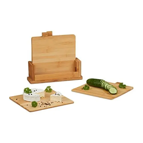 Produktbild: Relaxdays Schneidebrett 4er Set, Küchenbrett, Brettchen, mit Ständer, pflegeleicht, natürlich, messerschonend, natur
