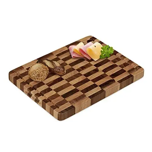 Produktbild: Relaxdays Schneidebrett Holz, Tranchierbrett massiv, 40x30 cm, Akazie, klingenschonend, Küchenbrett mit Saftrille, braun